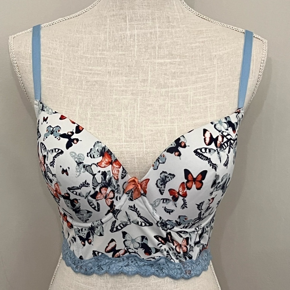 Adore Me Bralette Withe Butterfly Light Blue Lace Padded Wire Bra size 38D